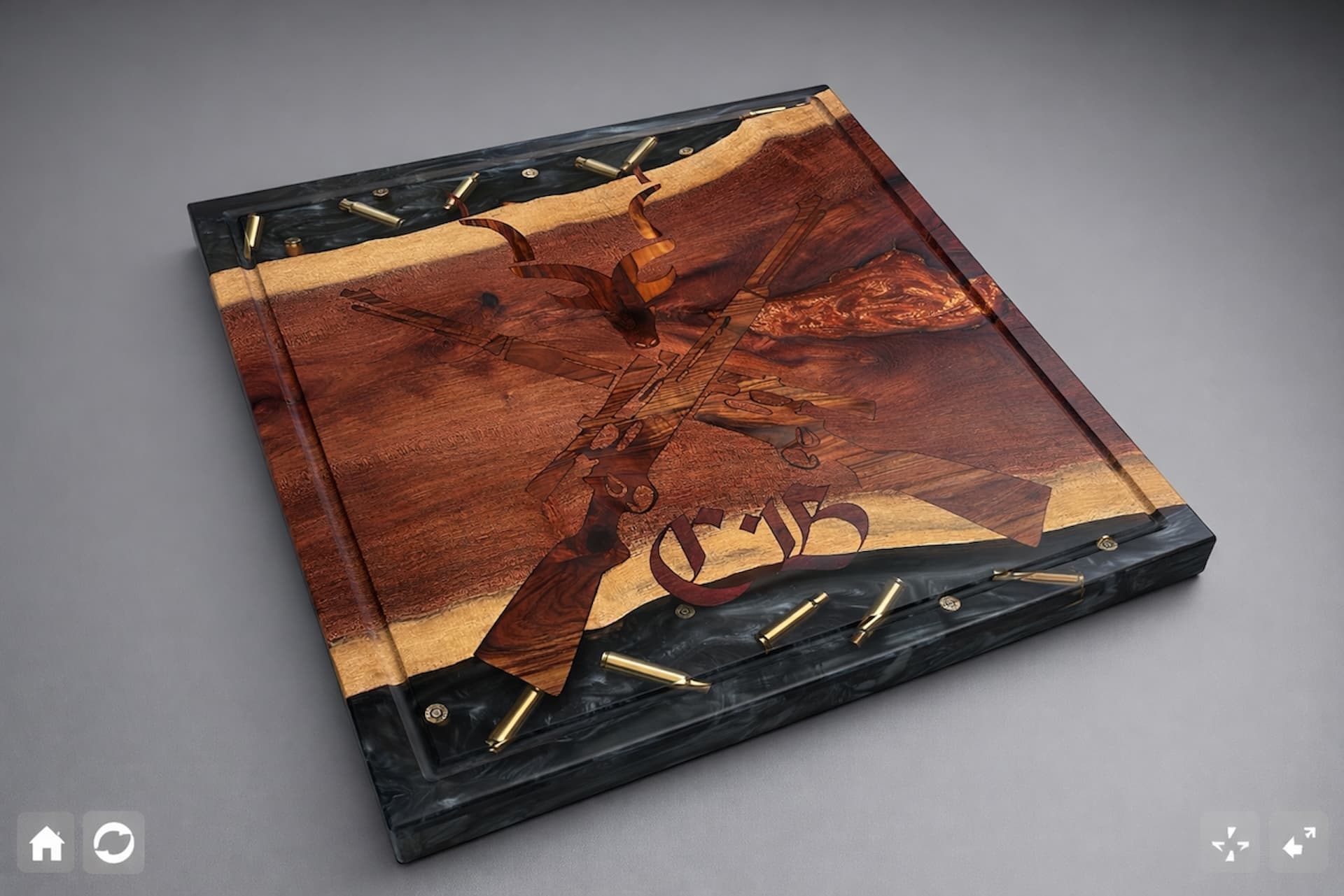 Wood inlay and Epoxy cutting board with gun theme